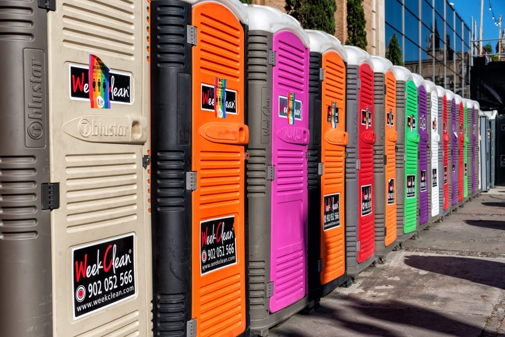 barcelona,,spain, ,june,2022:,row,of,colored,portable,toilet