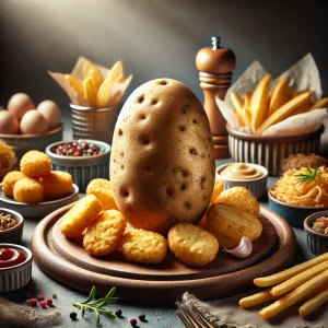 dall·e 2024 08 19 11.11.20 a professional, high quality photograph of a russet potato surrounded by a variety of potato based dishes, including crispy french fries, golden tater